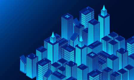 Smart city technology for business and life. Business center with skyscrapers. Isometric futuristic town with skyscrapers. Smart city isometric illustrationのイラスト素材