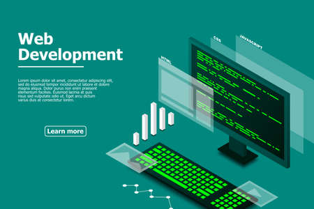 Web design and development, computer programming, isometric technology, programming work, web programming, vector isometric illustration.のイラスト素材