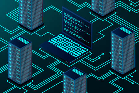 Isometric blockchain technology landing page. Cryptocurrency and blockchain isometric composition....