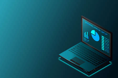 Concept business strategy, Web banner with laptop, Analysis data and Investment, Technology theme, Financial review with laptop and infographic elements, 3d isometric, Vector illustration.のイラスト素材