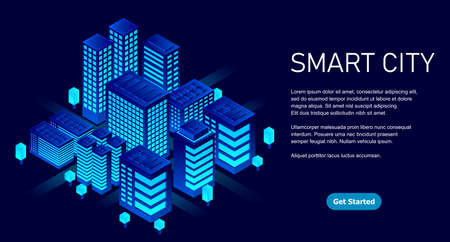 Smart city in a futuristic style. Isometric smart city illustration. Intelligent buildings. Business center with skyscrapers and intelligent buildingsのイラスト素材