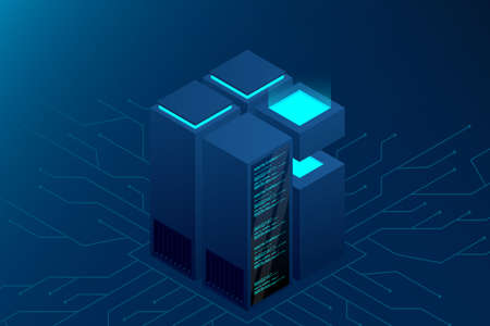 Concept of big data processing center. Isometric Data center. Isometric servers vector design. Data...