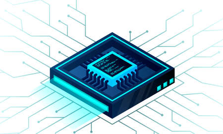 Isometric Artificial intelligence web banner. 3D isometric illustration of a processor chip. The process of data processing. Developments in modern technologies. Microcircuits on neon glowing backgroundのイラスト素材