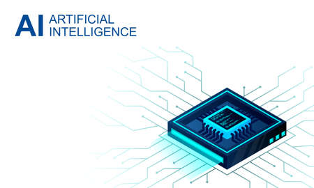 Isometric Artificial intelligence web banner. 3D isometric illustration of a processor chip. The...
