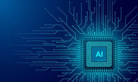 Artificial intelligence web banner. 3D isometric illustration of a processor chip. The process of data processing. Developments in modern technologies. Microcircuits on neon glowing backgroundのイラスト素材