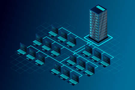 Transfer of user data to the server. Data flow. Data storage. Server. Digital space. Data center. Big Data. Conceptual illustration. Isometric vector illustration.のイラスト素材