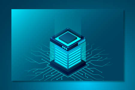 Isometric Data center landing page. Isometric servers vector design. Enterprise hosting solutions concept. Big modern data center, server room, cloud data storage files serviceのイラスト素材
