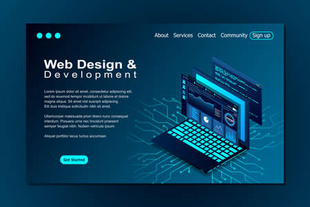 Web design and development vector isometric illustrations. web design development concept programming language program code big data processing on laptop screen. Vector illustrationのイラスト素材