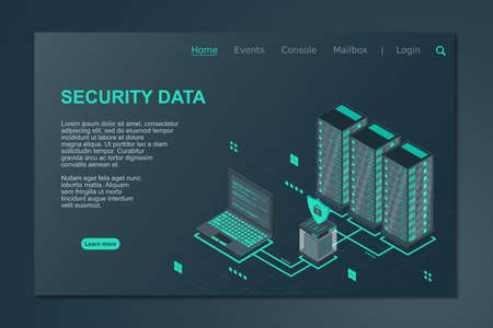 Data security isometric illustration. Illustration of a server laptop and firewall. Isometric...