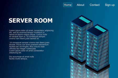 Isometric server room. Futuristic technology of data protection and processing. Mainframe, powered server, high technology concept, data center. Vector illustrationのイラスト素材