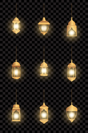 Oriental lamps. Arab lanterns hang on gold chains. Isolated realistic decorative lighting. Ramadan vector banner. Illustration lantern and lamp light muslimのイラスト素材