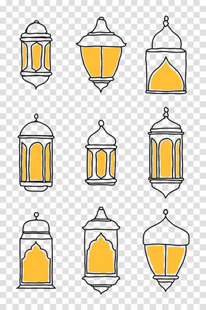 Line Islamic Arabic Lantern Symbol Icon Collection Set. Hand drawn set of lanterns. Vector illustration in doodle styleのイラスト素材
