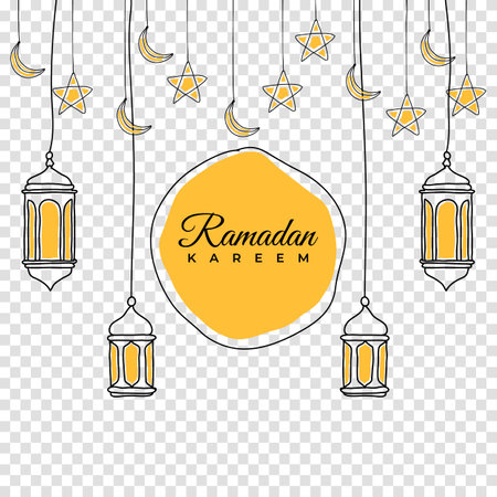 Ramadan greeting card or banner background. Hand drawn lanterns, moon and stars. Ramadan Kareem hand drawn decoration background. Vector design for muslim ramadan holidayのイラスト素材