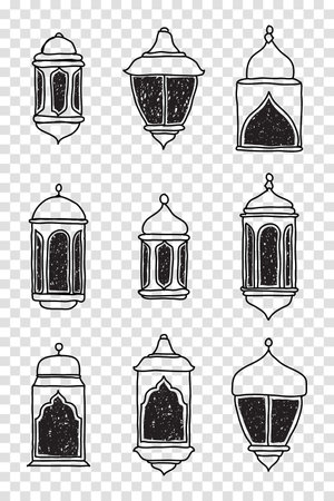 Line Islamic Arabic Lantern Symbol Icon Collection Set. Hand drawn set of lanterns. Vector illustration in doodle styleのイラスト素材