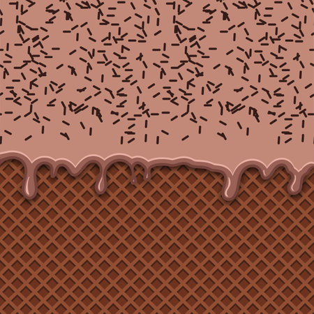 Chocolate ice-cream melted on waffle background. Chocolate ice cream melted with chocolate cute candy sprinkles. Vector Illustrationのイラスト素材