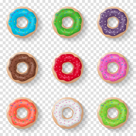 Donuts set isolated background in realistic style. Color glazed donuts. Vector illustrationのイラスト素材