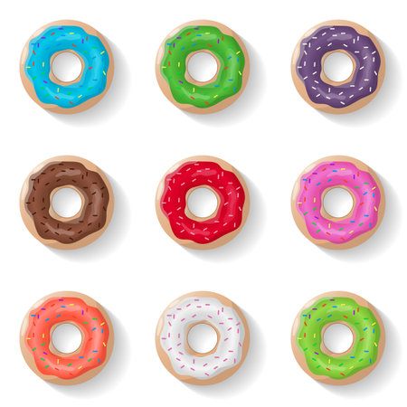 Donuts set isolated background in realistic style. Color glazed donuts. Vector illustrationのイラスト素材