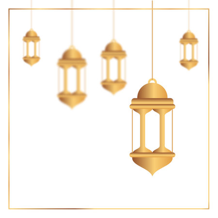 Oriental lamps. Arab lanterns hang on gold chains. Isolated realistic decorative lighting. Ramadan vector banner. Illustration lantern and lamp light muslimのイラスト素材