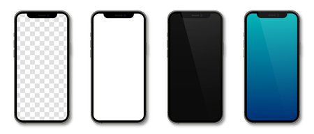 Realistic models smartphone with transparent screens. Smartphone mockup collection. Device front view. 3D mobile phone with shadow. Vector illustrationのイラスト素材