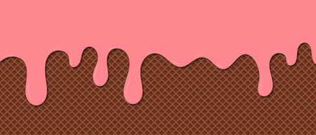 Strawberry ice cream melted on waffle background. Ð¡ream melted on waffle background. Sweet ice cream flowing down on cone. Vector Illustrationのイラスト素材
