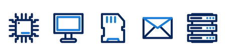 Set of technology icons. Chip, Computer monitor, Storage, Email, Server. Vector illustration
