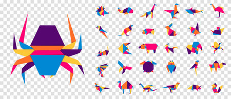 Colorful origami animals. Abstract polygon animals. Folded paper shapes. Vector animal icons set. Origami. A set of origami. Vector illustrationのイラスト素材