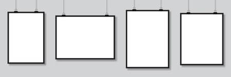 Set of mockups hanging on the wall. Vector poster mockup with white frame. Realistic empty banner. Vector illustrationのイラスト素材