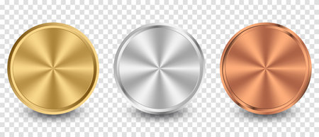 Collection of gold, silver, bronze radial metallic gradient. Plates with gold, silver, bronze metallic effect. Vector illustrationのイラスト素材