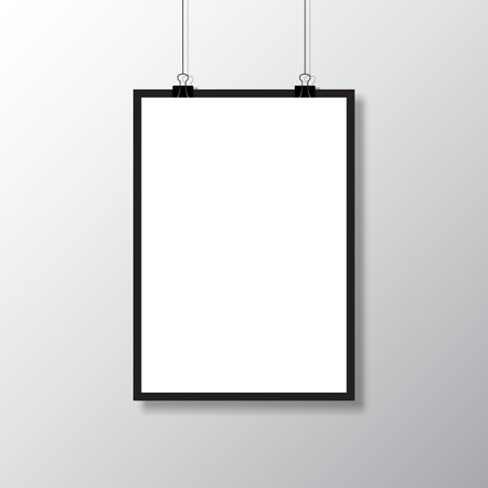 Realistic blank white paper hanging on clip. Mockup template. Vertical empty sheet with shadow. Vector illustrationのイラスト素材
