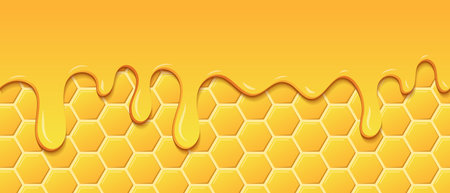 Yellow pattern with honeycomb and honey drips. Dripping honey seamless pattern. Gold honey hexagonal cells seamless texture. Vector illustrationのイラスト素材