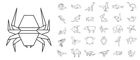 Line origami animals. Abstract polygon animals. Folded paper shapes. Vector animal icons set. Origami. A set of origami. Vector illustrationのイラスト素材
