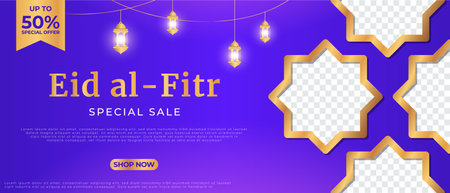 Eid al Fitr Special Sale. Sale Islamic Ornament Lantern Banner Template. Suitable for social media post and web header. Vector illustrationのイラスト素材