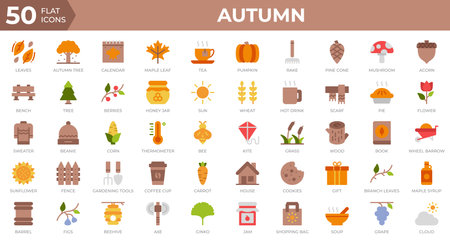 Set of 50 Autumn icons in flat style. Leaves, berries, sweater. Flat icons collection. Vector illustrationのイラスト素材