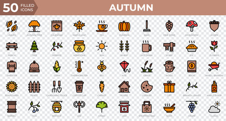 Set of 50 Autumn icons in filled outline style. Leaves, berries, sweater. Filled outline icons collection. Vector illustrationのイラスト素材