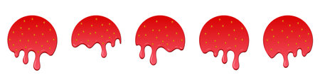 Set of strawberry drops. Dripping melted strawberry. Realistic melted strawberry. Strawberry drops. Melting strawberry. Red liquid dessert, sweet drip melt. Vector illustrationのイラスト素材