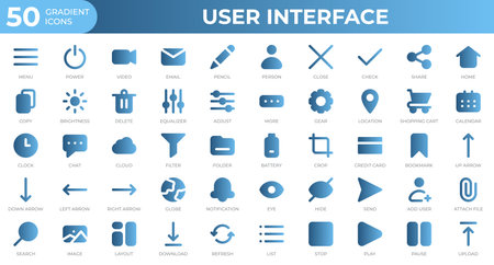 Set of 50 User Interface icons in gradient style. Menu, calendar, clock. Gradient icons collection. Vector illustrationのイラスト素材