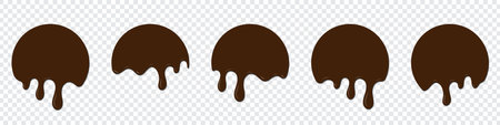 Set of chocolate drops. Dripping melted chocolate. Realistic melted chocolate. Chocolate drops. Melting Chocolate. Brown liquid dessert, sweet drip melt. Vector illustrationのイラスト素材