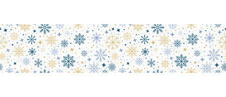 Abstract snowflake seamless border. Snowflakes seamless pattern. Snowfall repeat backdrop. Winter holidays theme. Seamless background with snowflakes. Vector illustrationのイラスト素材