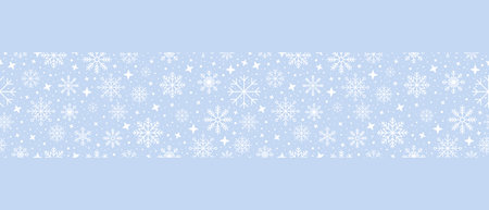 Abstract snowflake seamless border. Snowflakes seamless pattern. Snowfall repeat backdrop. Winter holidays theme. Seamless background with snowflakes. Vector illustrationのイラスト素材