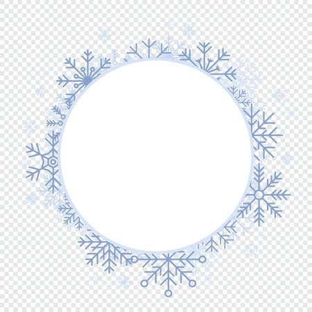 White circle snowflakes new year. Winter round background with snowflakes. Winter snowflakes background. Circle frame. Space for text. Snowflakes behind white empty frame. Vector illustrationのイラスト素材