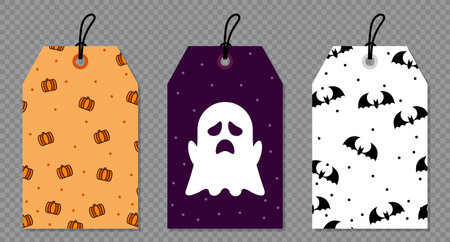 Set of different gift tags. Scary sale tag set. Holiday gift tags with pumpkins, ghost, and bats. Special sale price tags. Price tag collection. Vector illustrationのイラスト素材