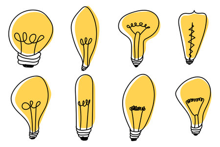 Hand drawn lightbulbs. Light bulb doodle. Hand drawn idea icon. Creativity and innovation concept. Set of hand drawn light bulbs. Vector illustrationのイラスト素材