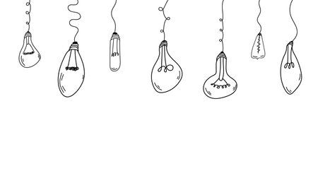 Set of hanging light bulb with doodles hand drawn style. Light bulb set. Doodle hand drawn sketch style lamp. Lightbulb with line curve. Vector illustrationのイラスト素材