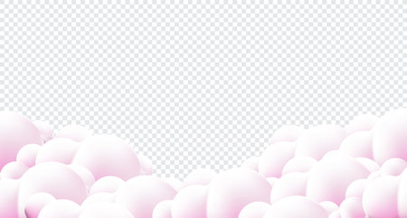 Beautiful fluffy clouds on pink sky background. Clouds on pink sky banner. Vector clouds. Border of clouds on pink background. Realistic fluffy cloud. Vector illustrationのイラスト素材