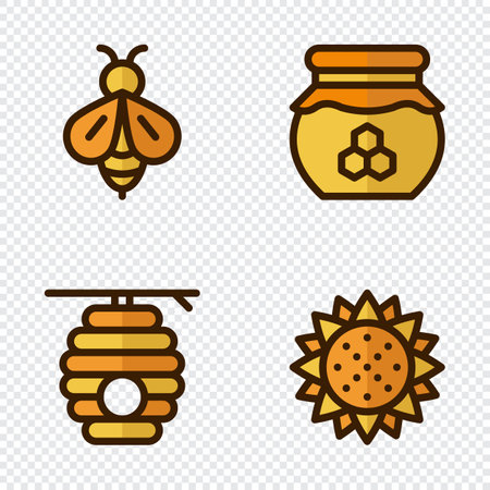 Four honey icons. Honey icons set. Bee set. Honey, bees, sunflower, beehive. Vector illustrationのイラスト素材
