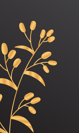Tropical cover design with berry branch and golden leaves. Holiday black and gold pattern. Vector illustrationのイラスト素材