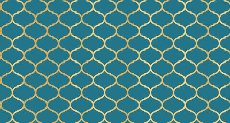 Abstract background with islamic ornament. Golden lined tiled motif. Arabic geometric seamless ornament pattern. Arabic geometric texture. Islamic background. Vector illustrationのイラスト素材