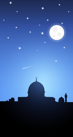 Dark mosque silhouette on blue night. Mosque vector silhouette in ramadan kareem with sky and moon. Starry sky. Vector illustrationのイラスト素材