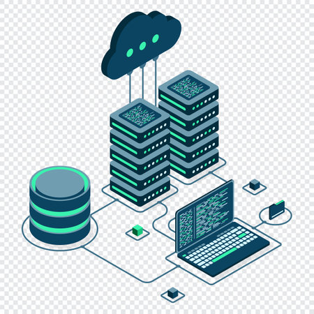 Cloud technology computing concept. Modern cloud technology. Data center isometric concept. Isometric cloud technology with datacenter. Web hosting concept. Vector illustrationのイラスト素材