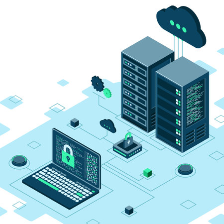 Cyber data security. Internet security isometric concept. Server room connected with laptop through...